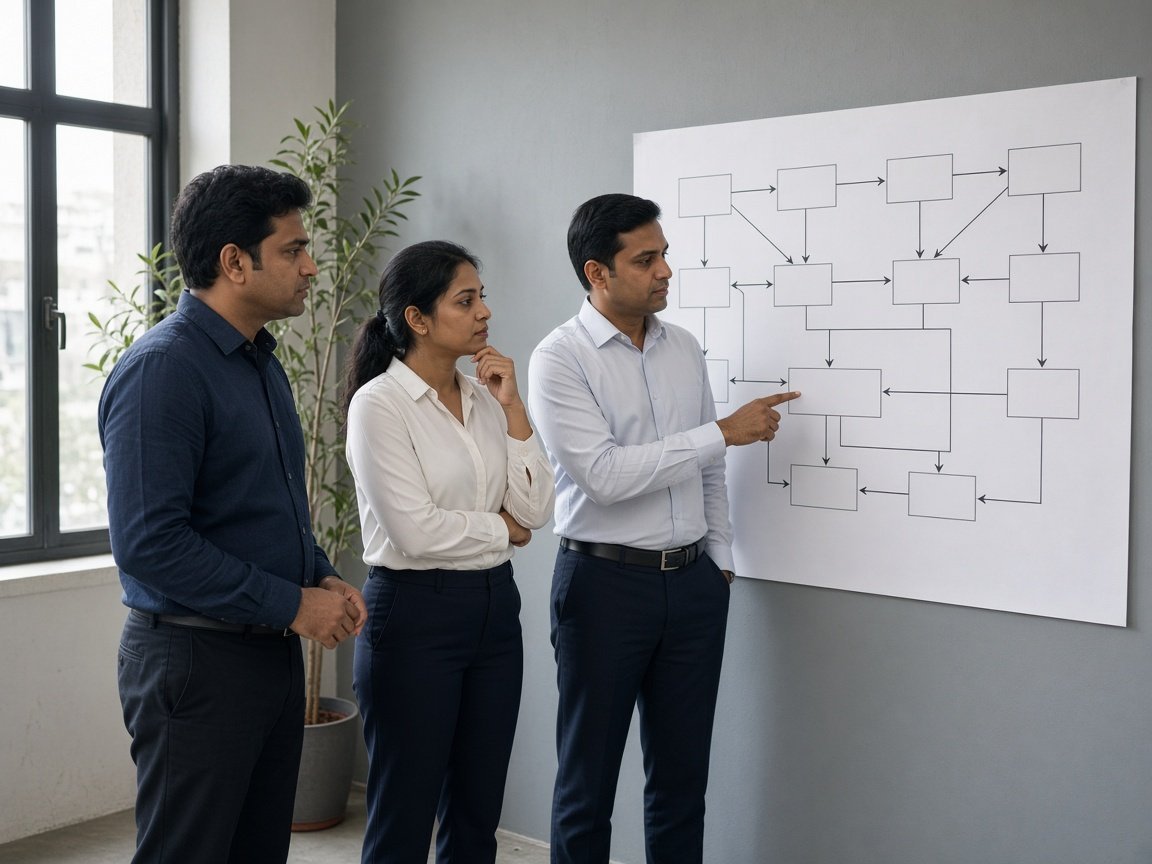 Three people reviewing a process map on a wall