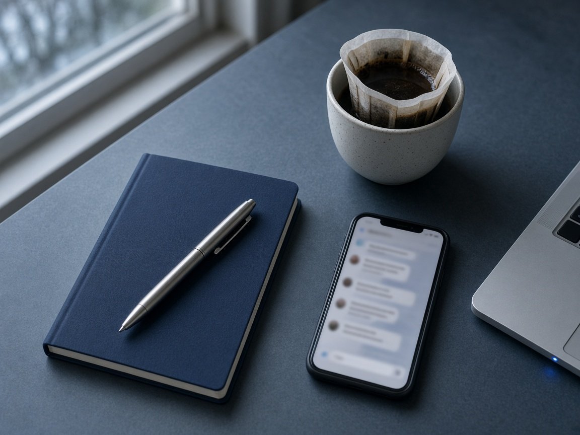 A desk with a notebook, phone, and laptop